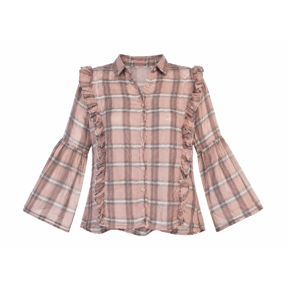 Pink Plaid Ruffle Blouse Bell Sleeve Button Front Cottagecore Boho Top Small